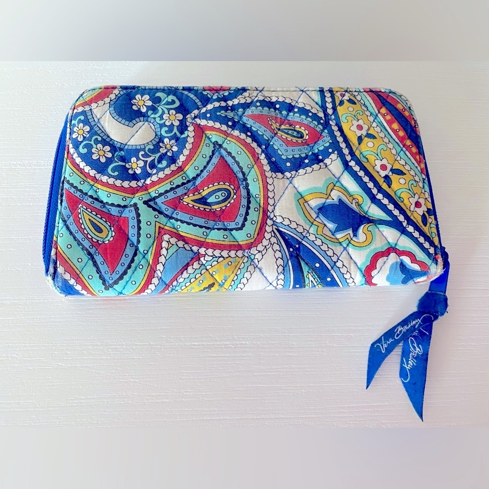 Vera Bradley Blue red patterned large wallet. Measures 4.5x8”